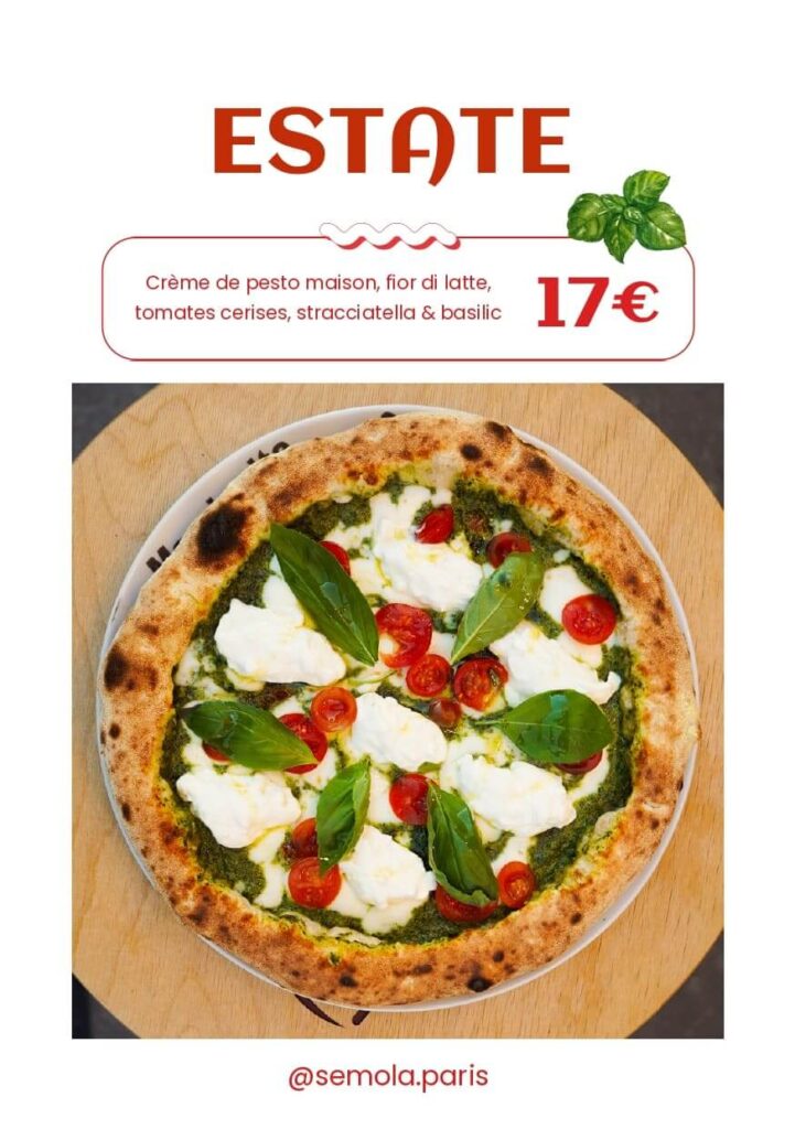 Savourez l’authenticité italienne chez Semola Paris avec notre pizza Estate, un mariage parfait entre pesto maison, fior di latte, stracciatella, tomates cerises et basilic frais.