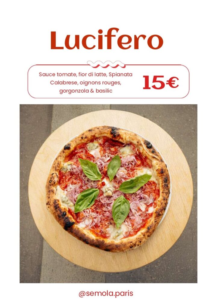 Pizza Lucifero artisanale à Paris avec sauce tomate, mozzarella fior di latte, spianata calabrese épicée, oignons rouges, gorgonzola et basilic frais – Semola Pizzeria.