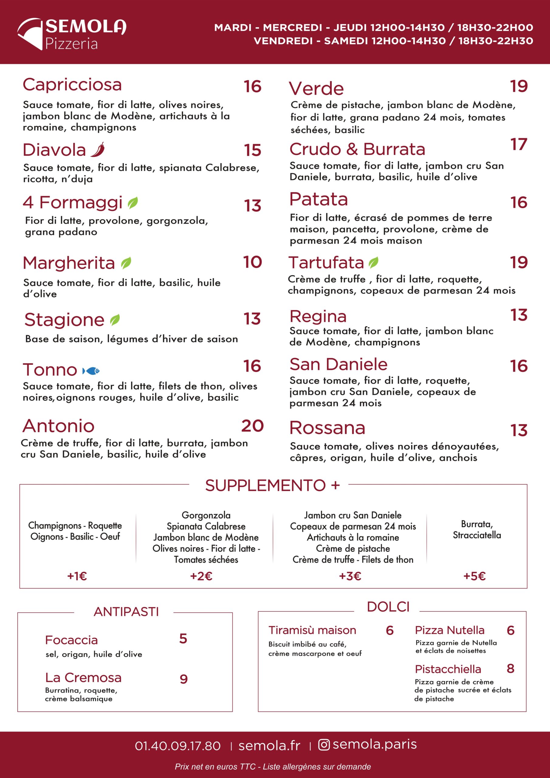 Menu d’hiver de Semola Pizzeria Paris – Carte des pizzas artisanales italiennes, antipasti et desserts maison.