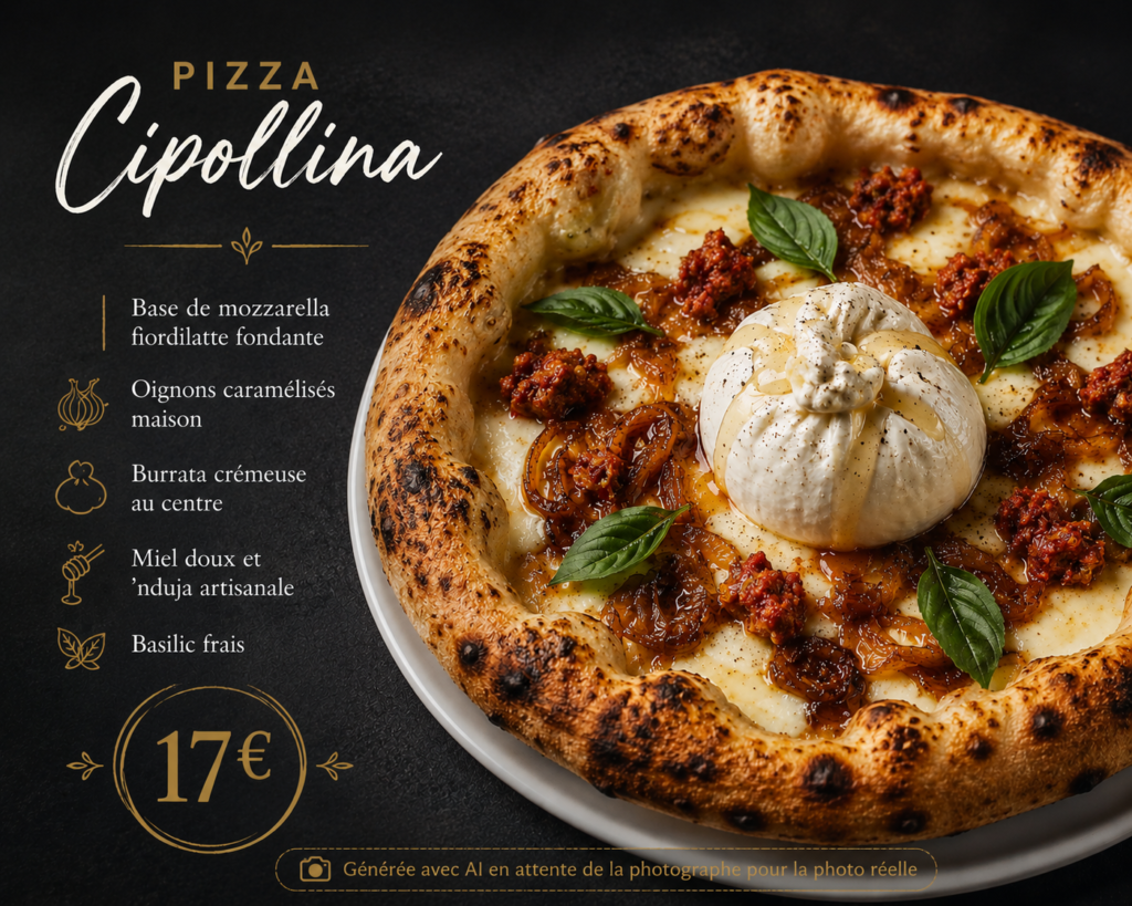 Ardoise de Semola Pizzeria à Paris présentant la pizza Cipollina avec fior di latte, oignons caramélisés maison, N'duja, burrata, basilic et miel.